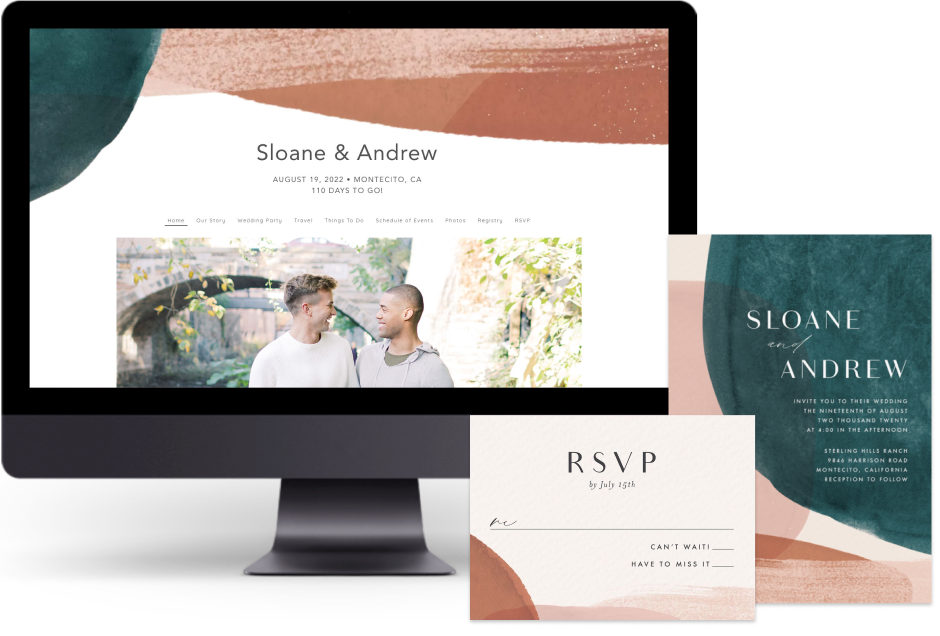 Teal Abstract Watercolor wedding website design with matching paper suite