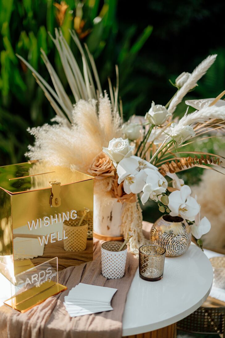Card Table With Gold Wishing Well Box, Light Floral Arrangement With Pampas Grass and Orchids