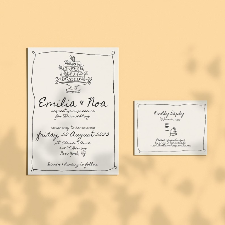Hand-drawn vintage French-inspired wedding invites downloadable invitations