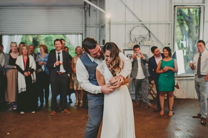 The barn reception at Sand Rock Farm Bed and Breakfast in Aptos, California, allowed for plenty of dancing. “In terms of style, we were inspired by the natural beauty of the location as well as our personal style of mixing reclaimed wood, gold and vintage elements, each with its own story,” Crystal says.