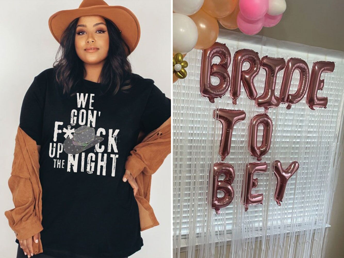 Collage of beyonce bachelorette party shirt and party decor