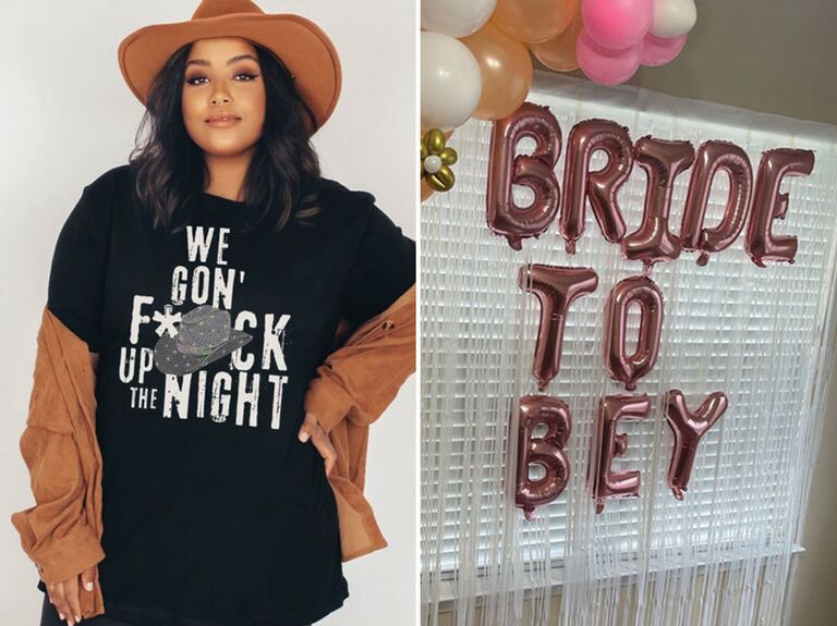 Collage of beyonce bachelorette party shirt and party decor