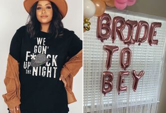 Collage of beyonce bachelorette party shirt and party decor