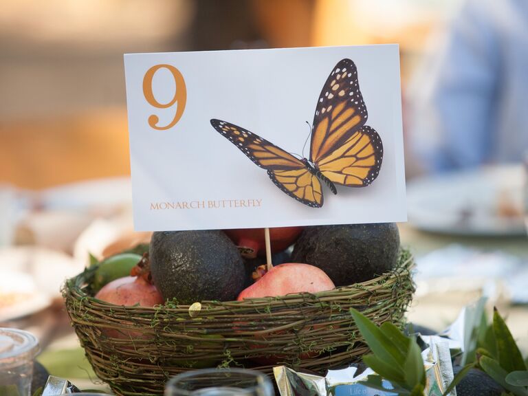Avocado stone fruit butterfly wedding table arrangement centerpieces