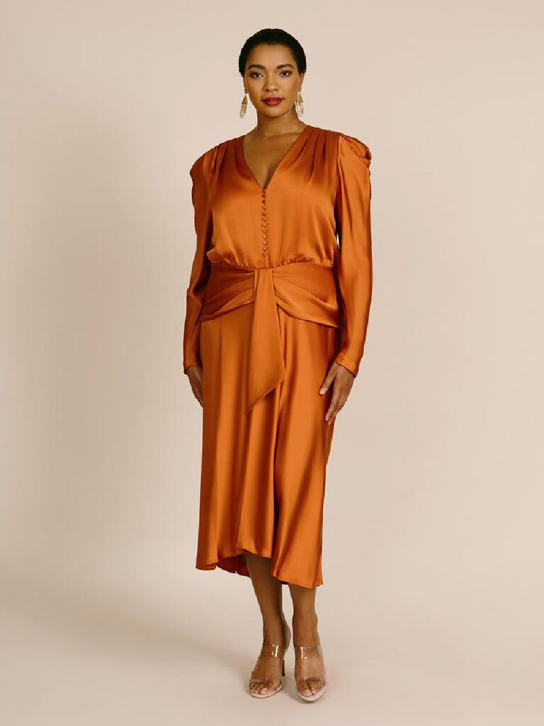 Rust stain long sleeve winter wedding guest dress