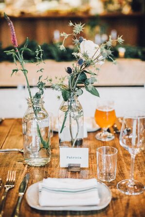 Thistle in Glass Jars and Blue and White Place Cards