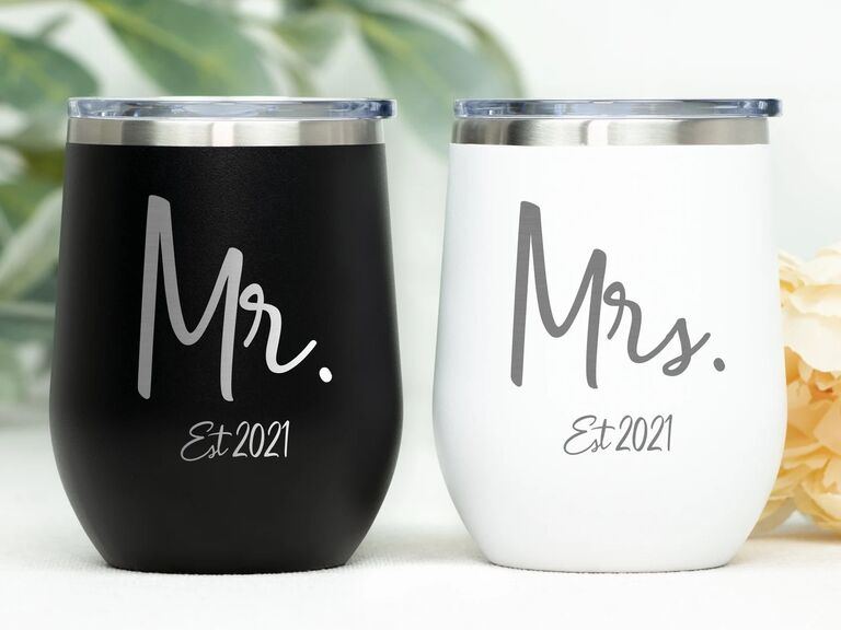 Mr. and Mrs. gift wine tumblers with personalized year
