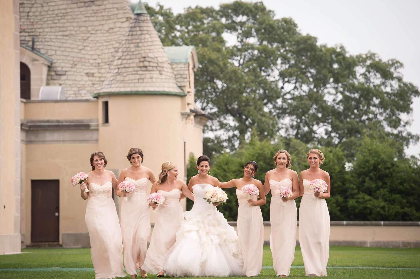 Strapless, Floor-Length, Champagne-Colored Bridesmaid Dresses at Oheka  Castle