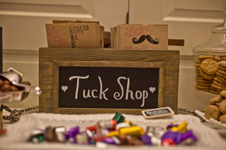 Jennie and Patrick called their candy bar a "Tuck Shop," and they provided their guests with playful goodie bags that were stamped with mustaches.