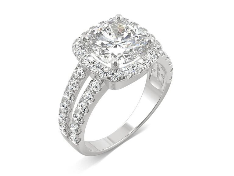 macy's charles and colvard diamond cushion cut engagement ring with round diamond halo and round diamond split shank