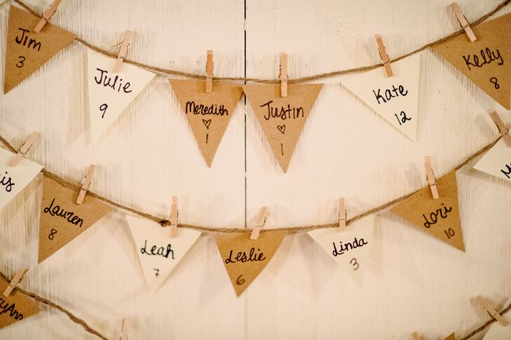 Meredith handmade the escort cards for the reception, hand-writing the names of each guest on small triangles and pinning them to strands of twine to create the appearance of bunting.