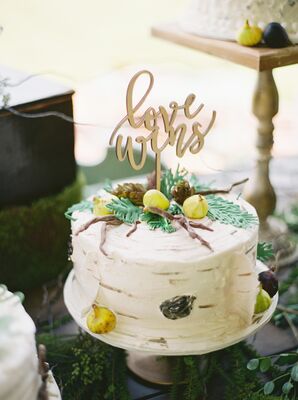 White Rustic Single Tier Cake with "Love Wins" Cake Toppers
