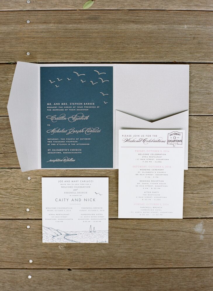 Caity and Nicholas worked with Swiss Cottage Designs to create all of the wedding’s stationery, including the save-the-dates, invitation suite, escort cards and menus. “They specialize in custom wedding invitation suites for destination weddings,” says Caity. “They carried a lot of the same themes and designs elements across all of the materials, which made everything feel very cohesive.”