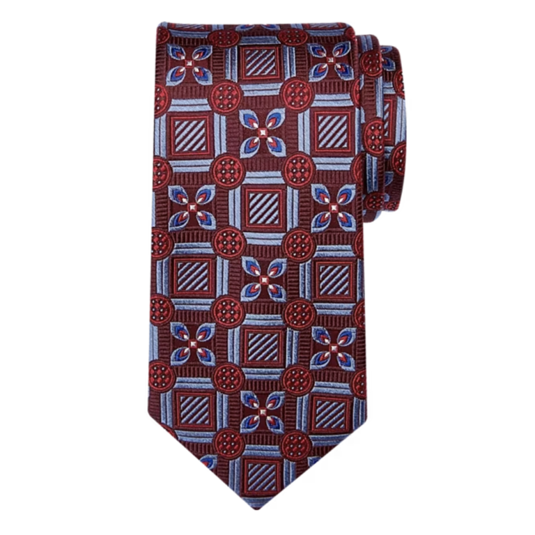 Burgundy square and floral print tie for wedding suit