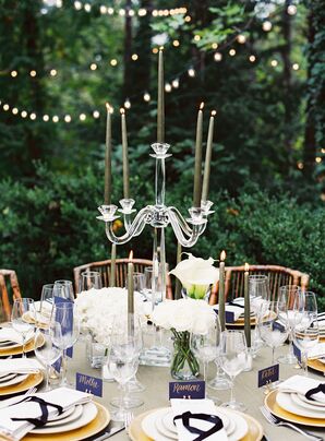 Acrylic Candelabra Centerpiece with Green Taper Candles