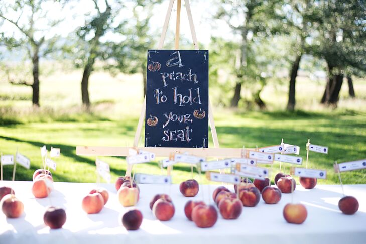 Scott and Sara used peaches as stands for their place cards.