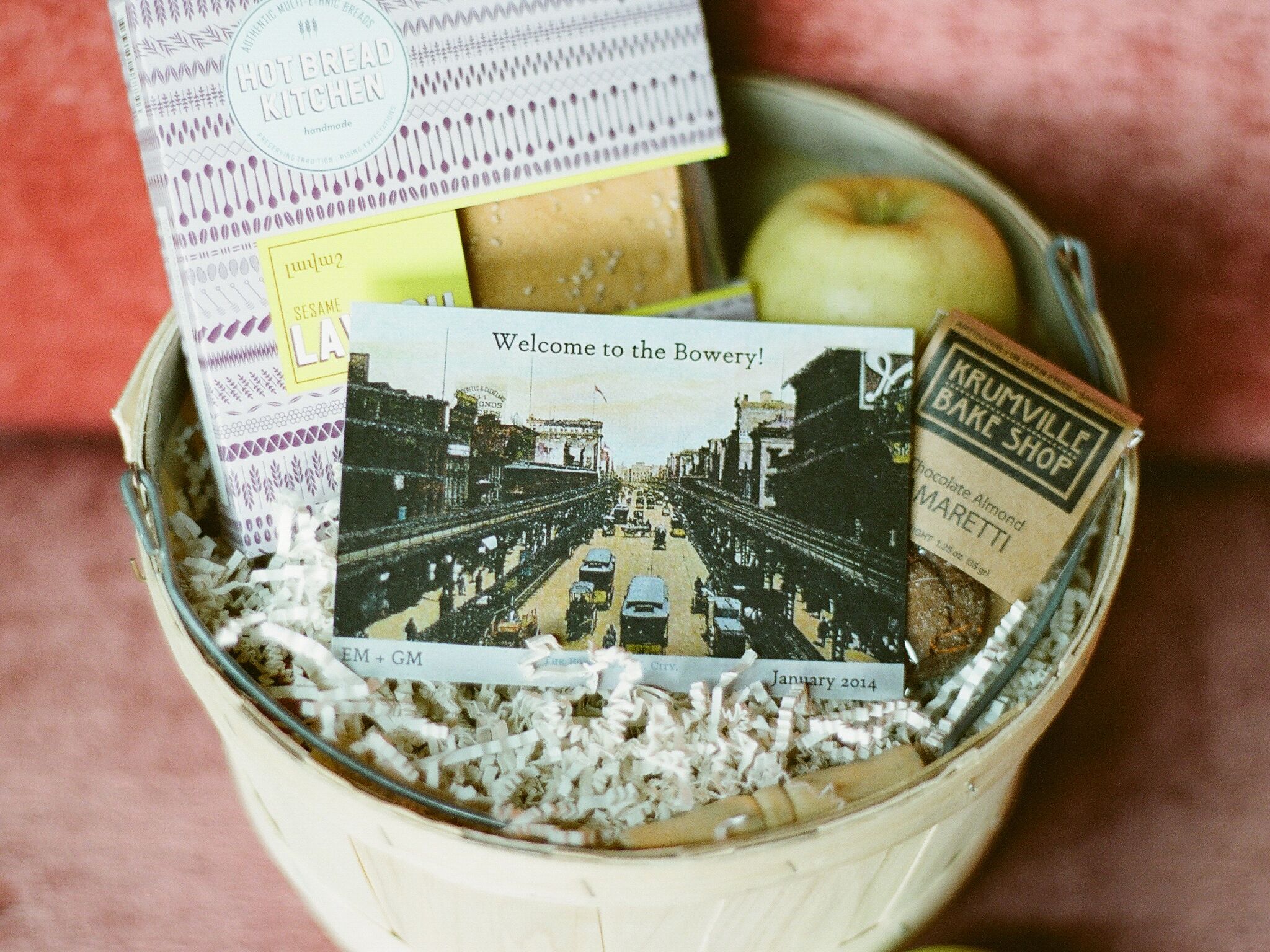Welcome basket for guests at New York City wedding