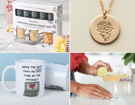 Collage of new realtionship gifts including mugs, drinks, a popcorn set, and a necklace. 