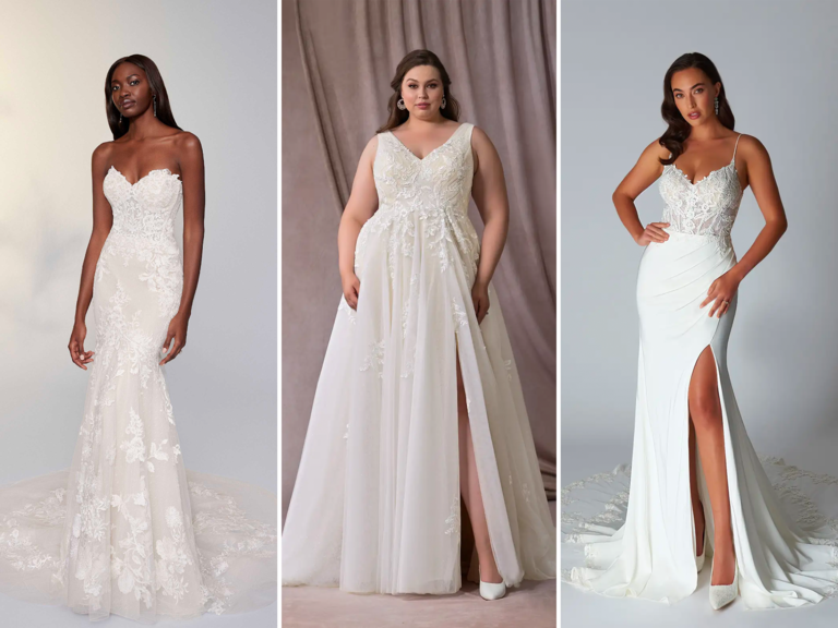 Collage of three petite wedding dresses. 