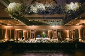 Floating Baby's Breath Floral Installation, Long Table With Low Runner, Dimly Lit Ballroom