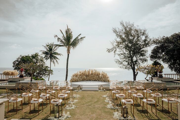 Outdoor Ceremony, Tropical Ocean Views, Gold Details, Altar Platform With Pampas Grass and Petals