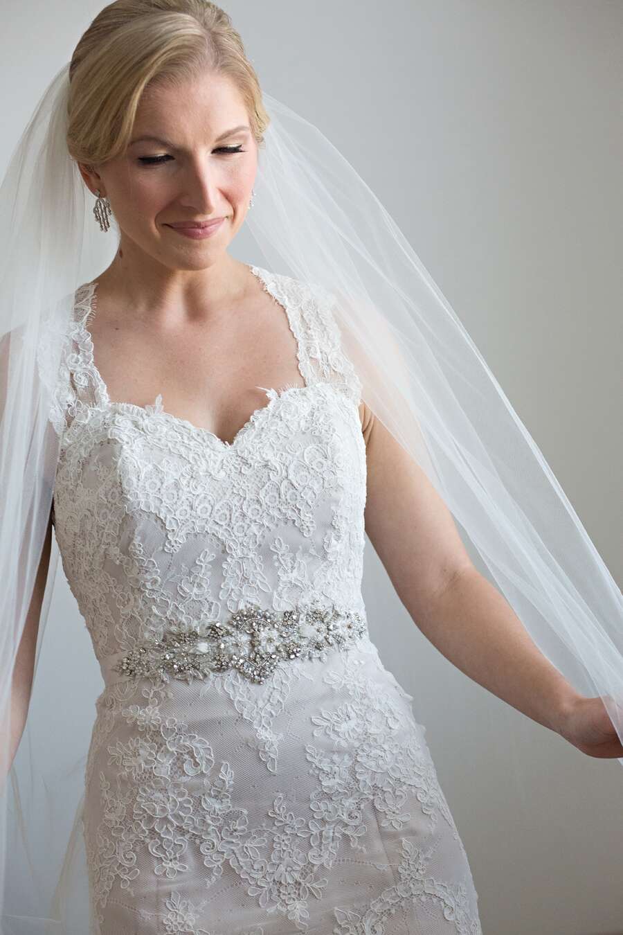 White Lace Wedding Dress with Beaded Sash
