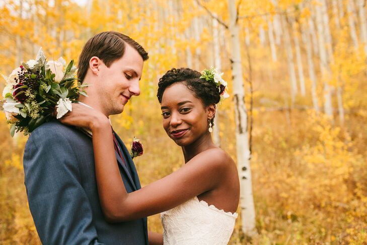 Natural Couple Among Aspen Trees in Fall