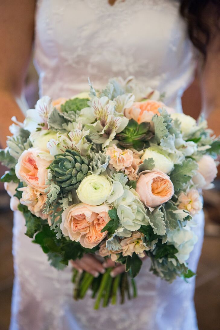 Peach and Green Bouquet With Succulents and Garden Roses