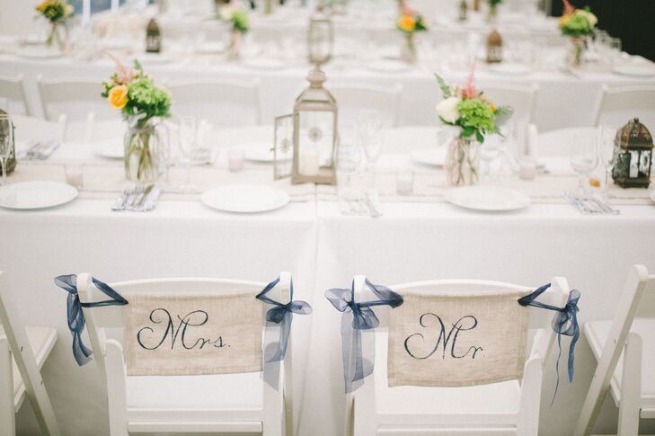 Navy and Ivory Mr and Mrs Reception Chair Signs