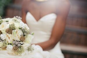 Silver Brunia, Scabiosa and White Rose Bouquet
