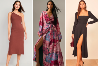 Collage of midi and long petite wedding guest dresses.