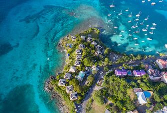 St. John, US Virgin Islands aerial view of the island and boats 