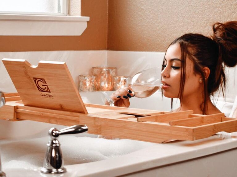 Wood bath caddy designed to hold drinks, books, and other items Etsy wedding gift idea