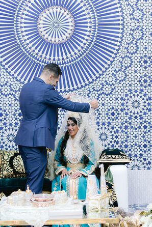 Groom Lifting Veil off Bride at Moroccan Mehndi Wedding Celebration, Colorful