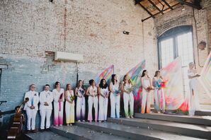 Bridesmaids in White Jumpsuits, Different Dip-Dye Colors on Bottom and Bridesmen With Dip-Dyed Suits