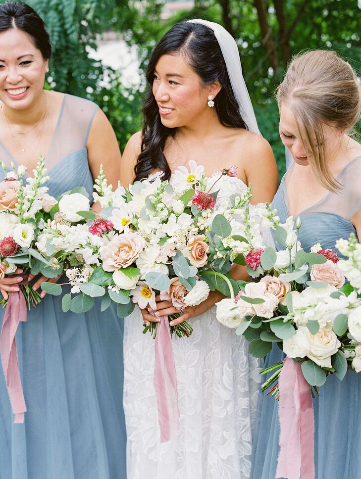 Bridesmaids in Blue Dresses for Wedding at Machine Shop in Minneapolis, Minnesota