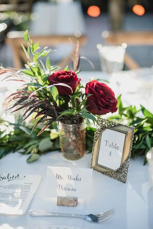 Rose and Mixed Greenery Mason Jar Arrangement