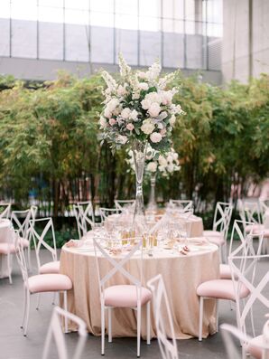 Blush Table Linens and Tall Centerpieces With Stock and Hydrangea