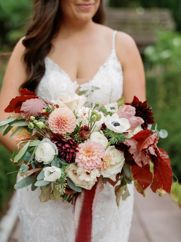 blush and red fall wedding bouquet