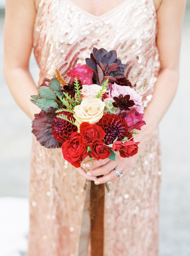 Bohemian Bouquet of Burgundy Dahlias and Garden Roses