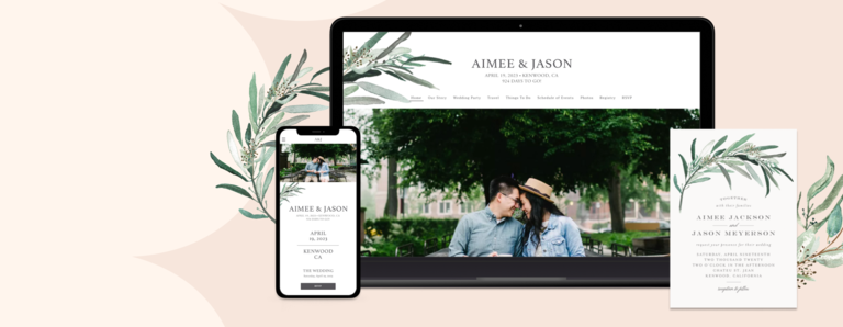 Lush Greenery design shown on various devices and a matching wedding invite card