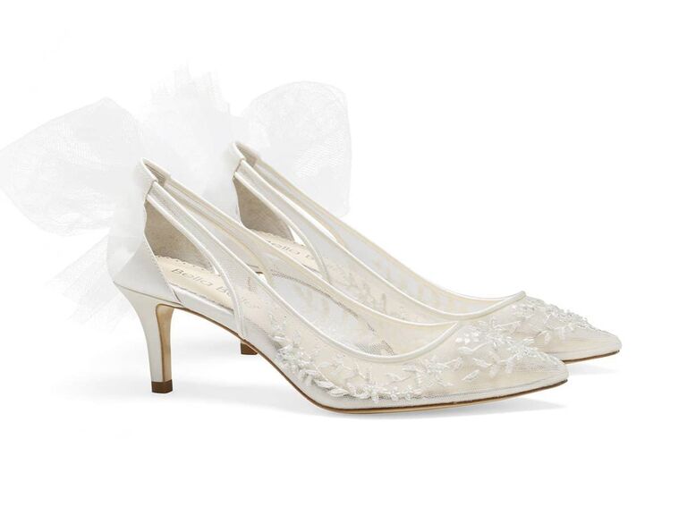 bella belle white lace wedding heels with slingback tulle bow heel straps