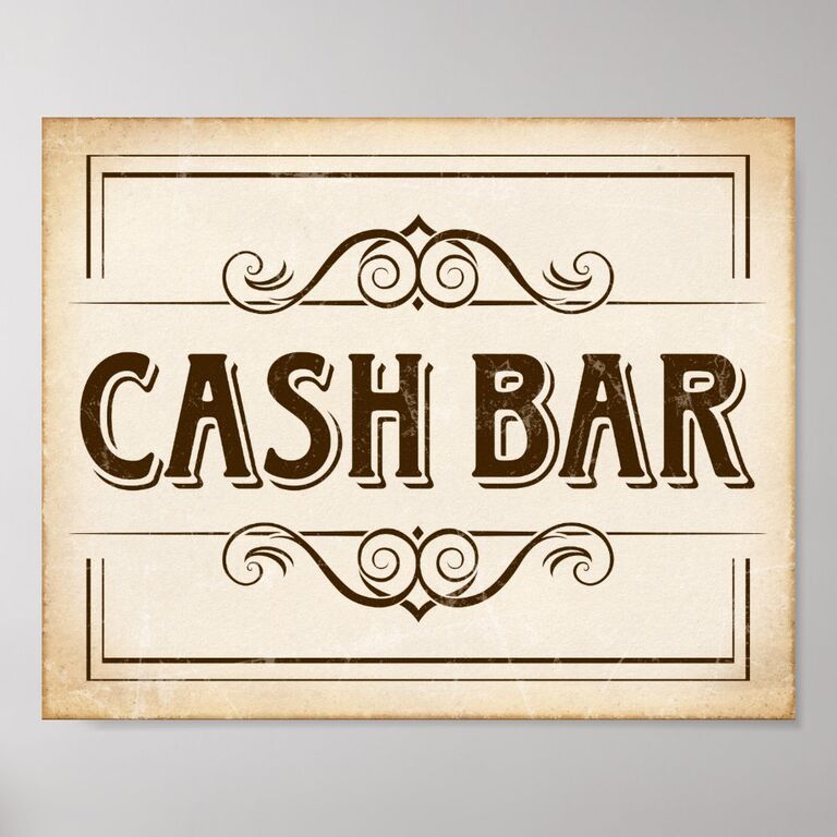 Vintage tan and brown Cash Bar sign for wedding 