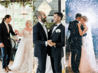 Newlyweds smiling during the first dance at their weddings.