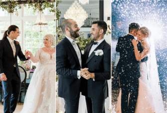 Newlyweds smiling during the first dance at their weddings.