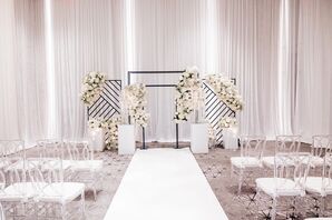 Ceremony Altar With Modern Silver Backdrop and White Draping
