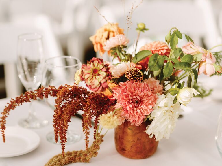 fall wedding centerpiece with dahlias and amaranthus in copper vase
