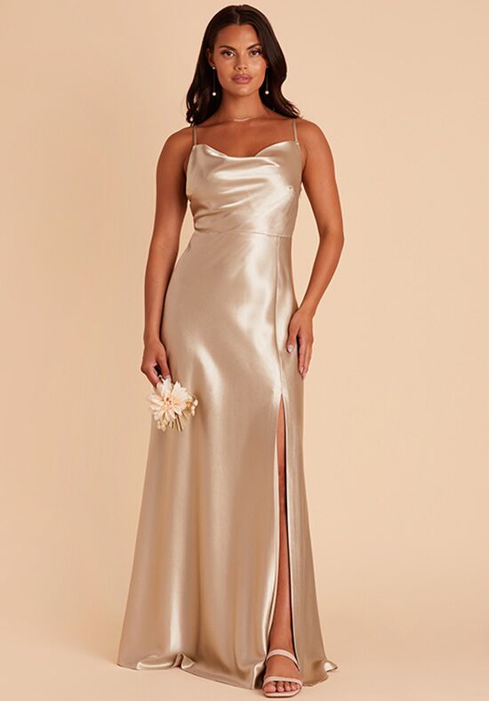 Birdy Grey Lisa Long Shiny Satin Dress in Neutral Champagne Scoop Bridesmaid Dress - 1