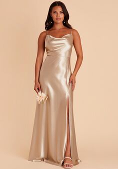 Birdy Grey Lisa Long Shiny Satin Dress in Neutral Champagne Scoop Bridesmaid Dress