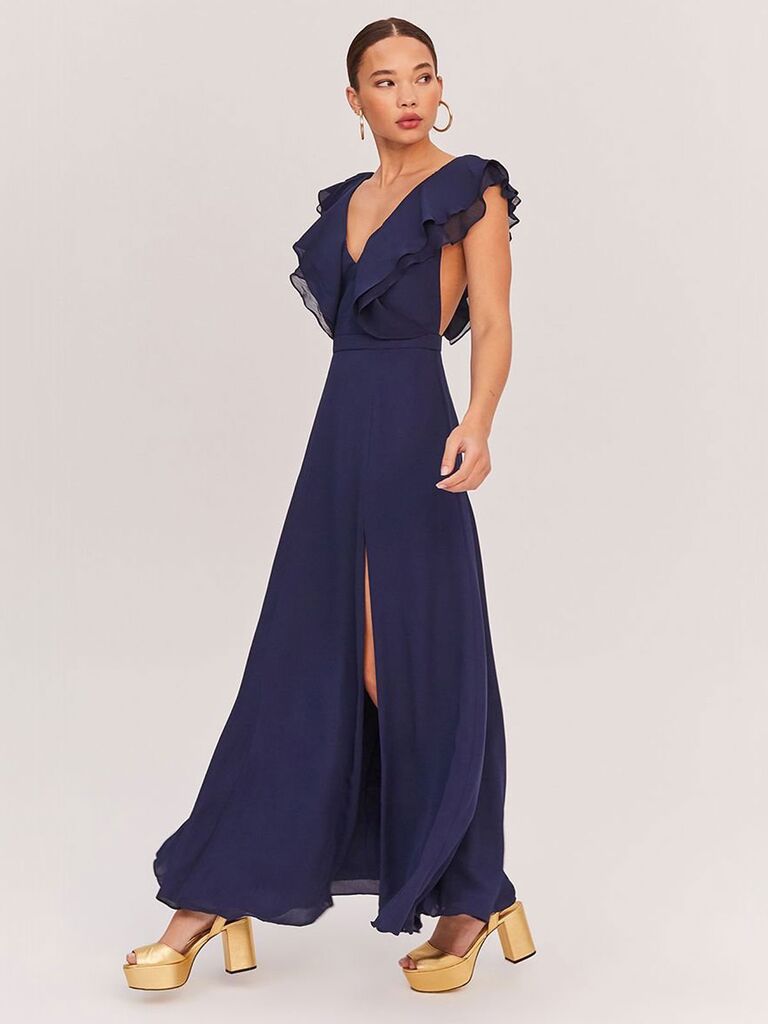 Fame & Partners ruffled navy wedding guest dress for black-tie weddings